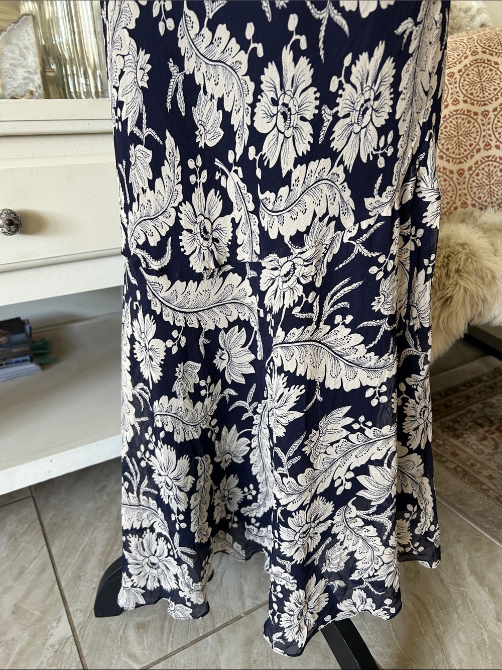Ralph Lauren Vtg navy beige boho western country floral pull on midi skirt 10 L - Picture 7 of 13